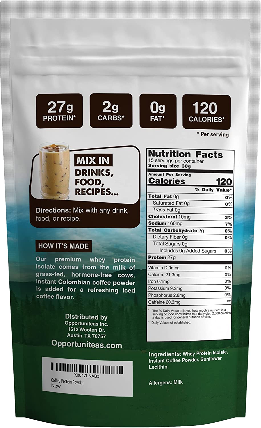 Coffee Whey Protein Isolate Powder - 2.5 Pound